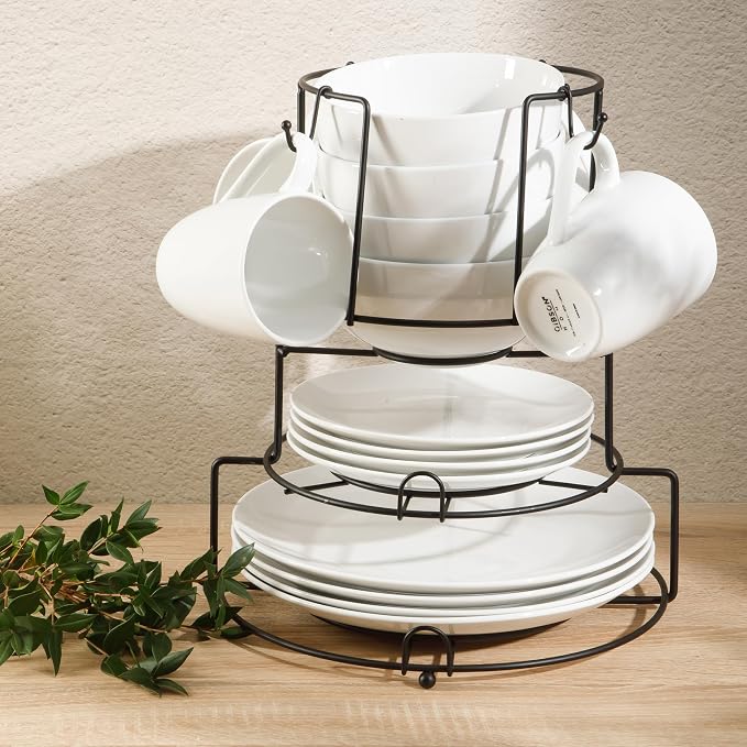 Gibson Home Summit View 17-Piece Porcelain Plates and Bowls Set W/Metal Rack - Plates, Bowls & Mugs Dinnerware Set for 4 - White