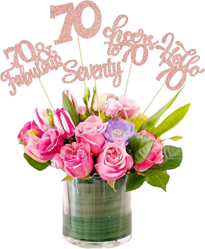 Gyufise 15Pcs 70th Birthday Centerpiece Sticks Seventy Happy 70th Table Flower Centerpieces Sticks Cheers to 70 Floral Decorations for 70th Birthday Party Centerpieces Supplies Rose Gold