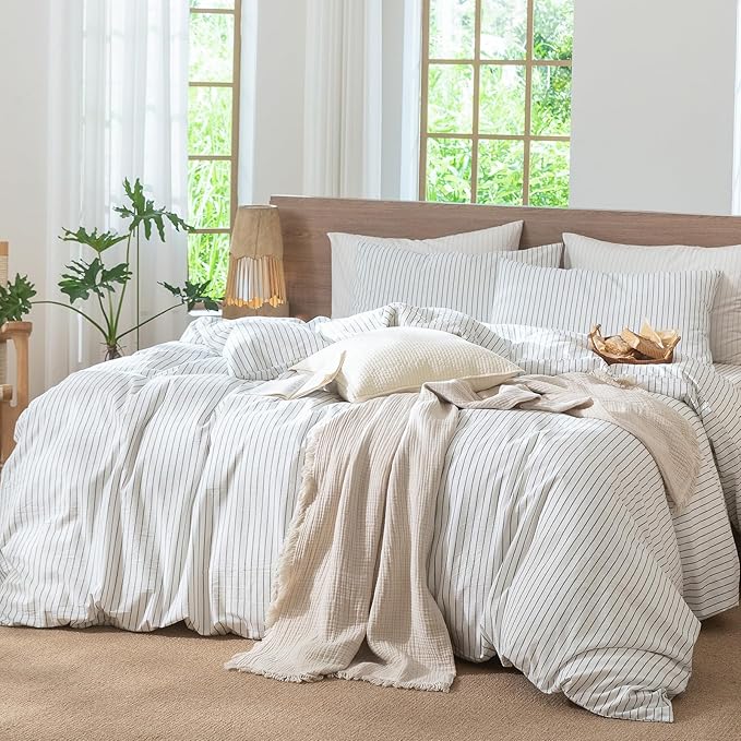 MooMee Striped Duvet Cover Set 100% Washed Cotton Linen Like Textured Breathable Durable Soft Comfy (White Heathered Green Wide Stripes, Oversized Full 82"x86")