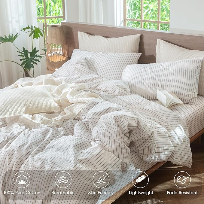 MooMee Striped Duvet Cover Set 100% Washed Cotton Linen Like Textured Breathable Durable Soft Comfy (White Orange Wide Stripes, Super Queen 90"x98")
