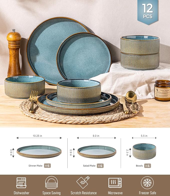 GBHOME 12-Piece Stoneware Dinnerware Set for 4 – Ribbed Ceramic Plates and Bowls, Scratch-Resistant, Microwave & Dishwasher Safe, Reactive Glaze-Space Blue