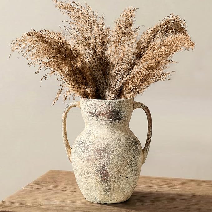 Antique Ceramic Rustic Vase with 2 Handles, Farmhouse Round Flower Vase, Vintage Terracotta Vases for Home Decor, Wedding, Living Room, Table, Shelf Decor - 8.6 Inch Tall, Terra