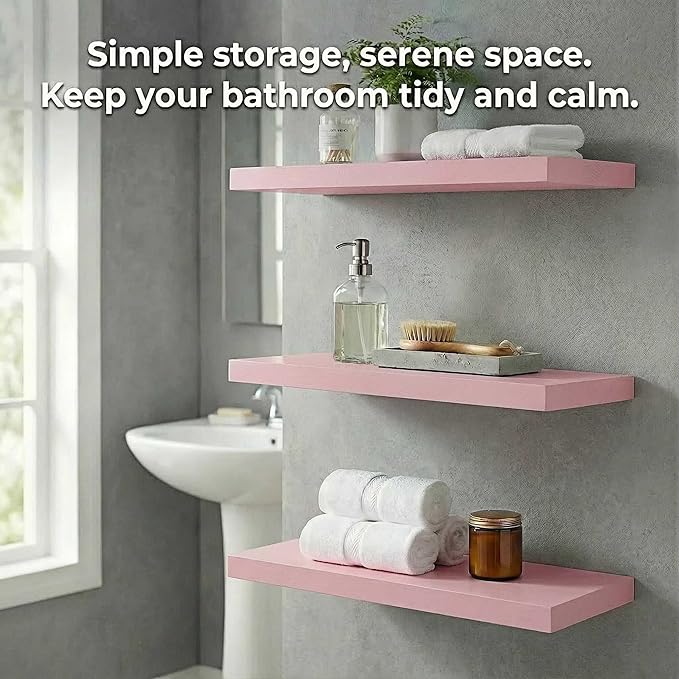 SAUMONIERES Floating Shelves Wall Shelf Solid Wood for Bathroom Bedroom Kitchen Set of 3, Pink Wall Shelves