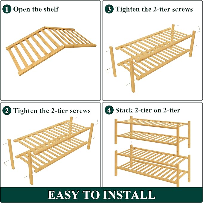 Smiry Bamboo Shoe Rack for Closet, 4 Tier Wooden Stackable Shoe Organizer, Free Standing Shoes Storage Shelf for Entryway, Front Door Entrance, Natural & White