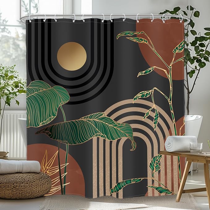 Glawry Dark Abstract Extra Long Shower Curtain Boho Mid Century Retro Tropical Palm Tree Sun Brown Modern Bathroom Simple Geometric 72Wx84L Inches Bath Accessories Art Home Decor Fabric 12 Pack Hooks