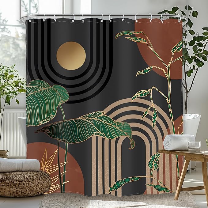 Glawry Brown Abstract Mid Century Shower Curtain Boho Retro Tropical Palm Tree Leaves Sun Arch Modern Bathroom Aesthetic Geometric 72Wx72L Inches Bath Accessories Art Home Decor Fabric 12 Pack Hooks