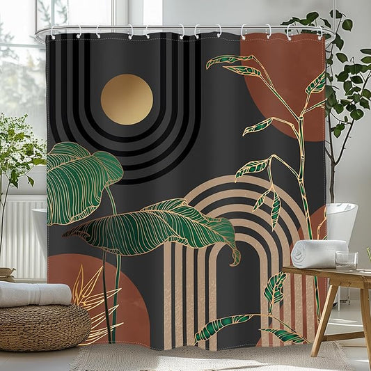 Glawry Brown Abstract Mid Century Shower Curtain Boho Retro Tropical Palm Tree Leaves Sun Arch Modern Bathroom Aesthetic Geometric 72Wx72L Inches Bath Accessories Art Home Decor Fabric 12 Pack Hooks