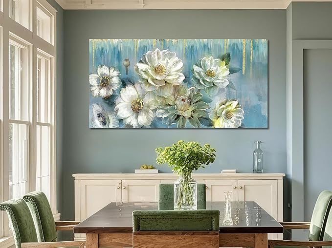 Ardemy Floral Canvas Wall Art for Living Room Large Magnolia White Flowers Teal Picture Bedroom Wall Decor Textured Painting Modern Turquoise Artwork Dining Room Home Office, Large 48"x24"