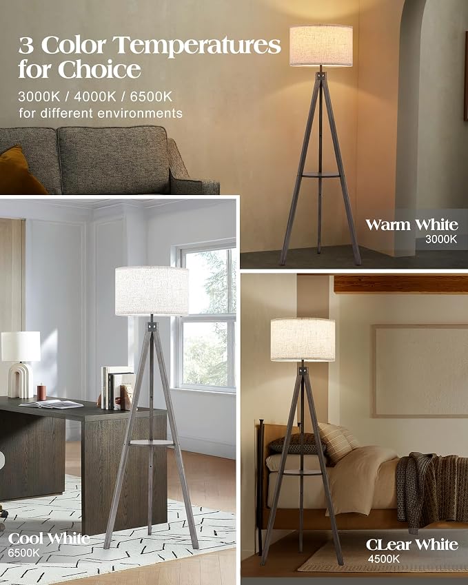 ELYONA Farmhouse Wood Tripod Floor Lamp with Table, Modern Reading Standing Lamp with 3 Color Temperatures LED Blub & Linen Shade, Shlef Coner Light for Living Room, Bedroom, Study Room, Office, Grey