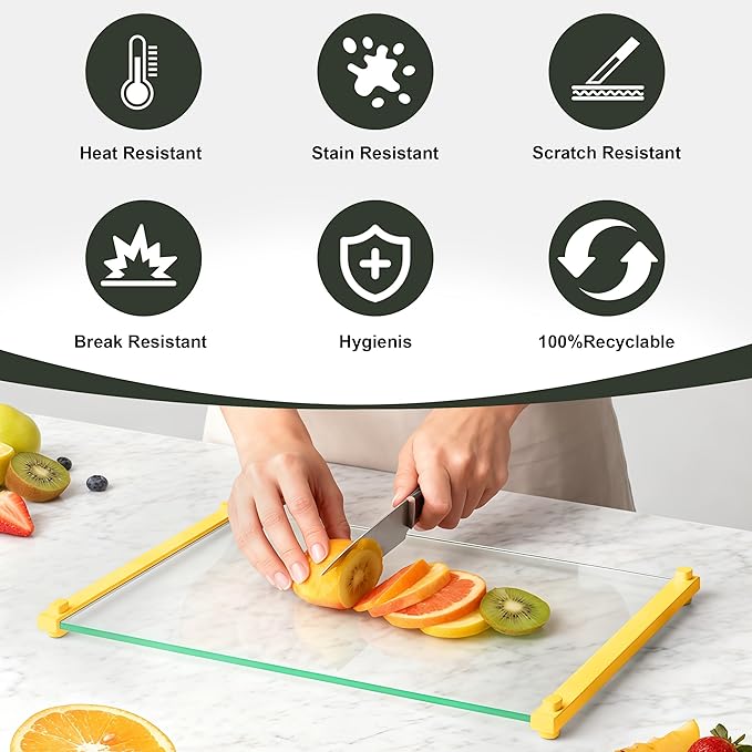 Tempered Glass Cutting Board for Kitchen, 12x16" & 12x8" 2 Pcs,Heat Resistant, with Non-Slip Feet, Non Toxic,Dishwasher Safe (Yellow)