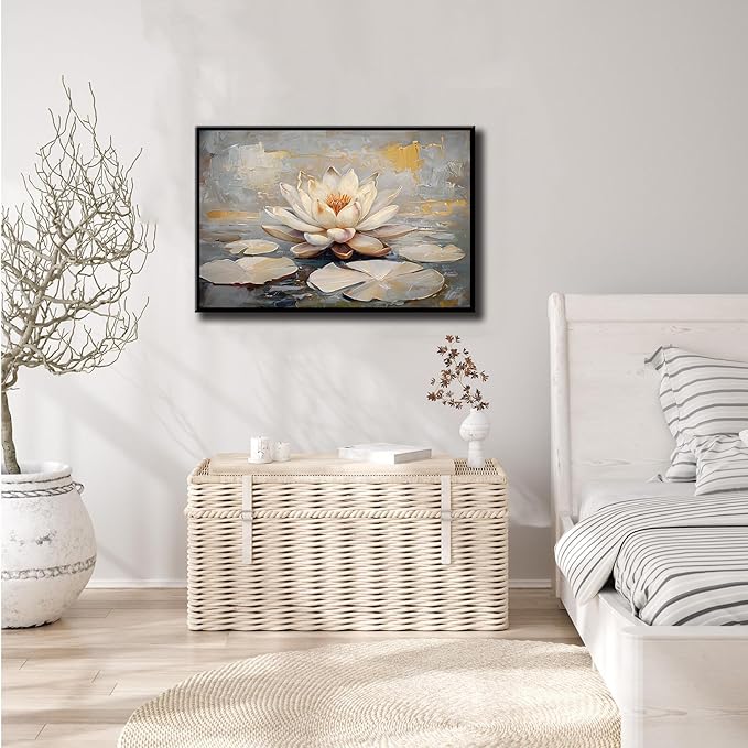 Ethereal white lotus floating on Crystal Waters poster vintage oil painting printwall art soft blush and gold accents serene home and office decor dreamy 24x36in Metal blackFramed