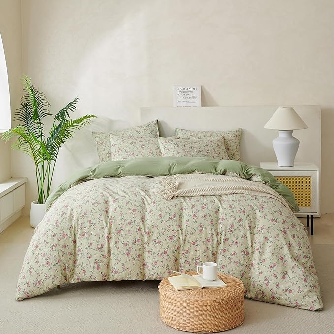 Comforter King Size Floral Soft 3 Pieces Chic Crinkle Gauze Fabric Garden Style Floral Print Botanical Comforter for All Seasons Luxury Warmth Comfy Breathable with 2 Pillowcases