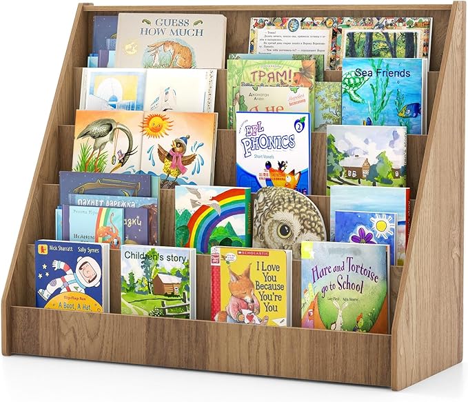 GLACER Kids Bookshelf, 5 Tier Wooden Montessori Book Display Rack, Front Facing Toddler Bookcase, Toy Storage Organizer, Book Shelf for Kids Rooms, Nursery, Classroom and Playroom (Natural)