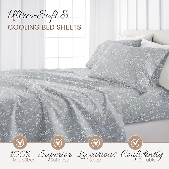 Linen Market Double-Brushed Patterned Microfiber California King Sheet Set 4 Piece – Oeko-TEX Certified Ultra Soft & Wrinkle-Free - 16" Deep Pocket Sheets Easy Care Cal-King Size - Trellis Vine Gray