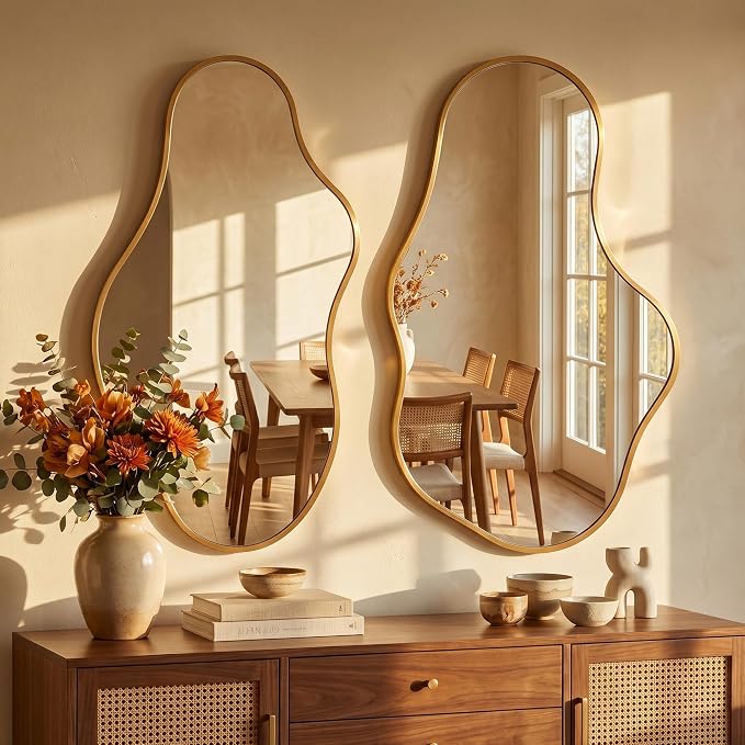 Dorlicecass Bathroom Mirrors for Over Sink - Long Wall Mirrors Decorative 20"x 36" Asymmetrical Abstract Aviation Aluminum Alloy Frame Unique for Bedroom, Living Room, Cloakroom, Entryway Gold