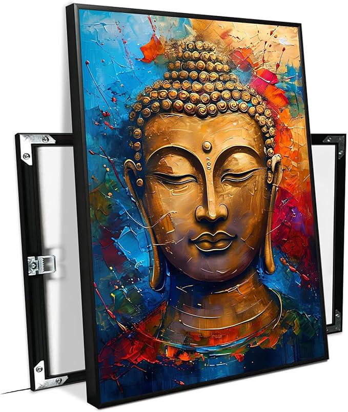 Golden Serenity Buddha Vintage Painting Wall Art Spirituality and Modern Art Wall Decor Adds Brilliance to Vibrant Home Decor 24x36in Metal blackFramed