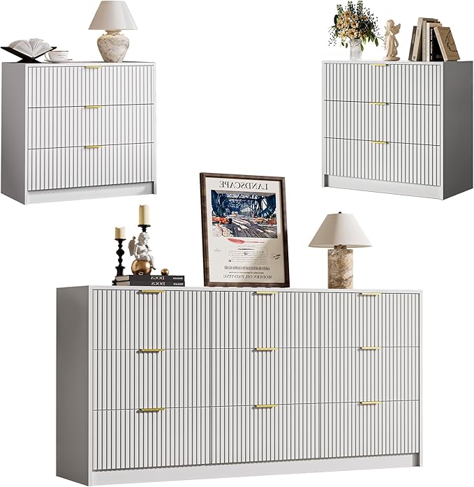 3-Piece Dresser Bedroom Set, 9 Drawer Dresser & 3 Drawer Nightstands with Gold Handles, Fluted Wood Chest of Drawers for Bedroom, Living Room, Entryway, White