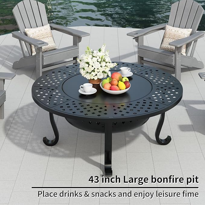 ZIENLIFE 43 Inch Fire Pit with 2 Grill, Outdoor Wood Burning Firepit with Lid, Metal Round Table for Backyard Patio Garden Picnic Camping Bonfire