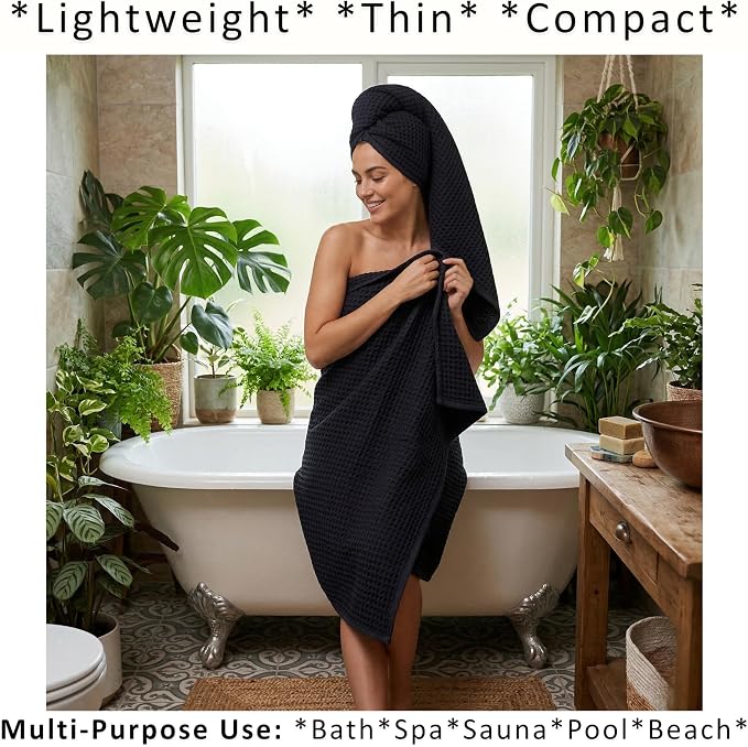 PÜSKÜL 4-Piece Natural 100% Turkish Cotton Luxury Waffle Towels for Bathroom | Premium Quality Honeycomb Weave 2 Hand Towel & 2 Bath Towel Set | Soft Absorbent Quick-Dry Lightweight Towels (Black)