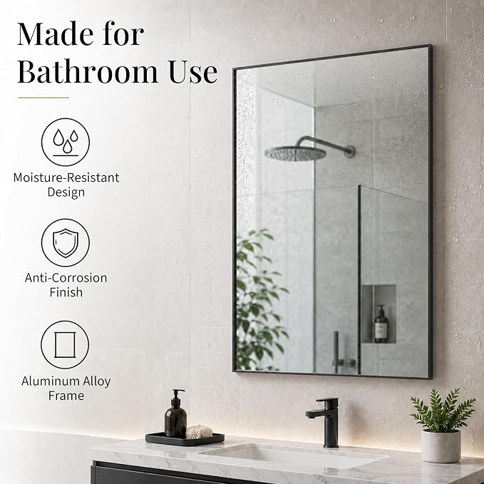 2-Pack 24"x36" Matte Black Bathroom Mirror, Thin Metal Frame, Heavy-Duty Rectangular Vanity Mirror for Over Sink, HD Shatterproof Glass, Modern Farmhouse & Industrial Style