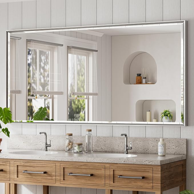 72'' x 36'' Large Beveled Silver Bathroom Vanity Mirror, Shatterproof Rectangle Silver Metal Framed Mirror for Bathroom Wall, Anti-Rust Wall-Mounted Mirror