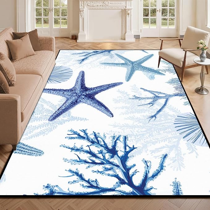 Coastal Starfish Rug 5'x7' Blue Ocean Area Rug Coral Seashell Floor Mat Washable Low Pile Carpet for Bedroom Living Room Kitchen Nursery Playroom Home Decor