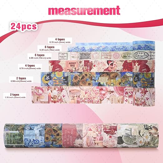 FTTELK 24 Rolls Vintage Washi Tape Set,Glitter Floral Decorative Adhesive Tape for Scrapbooking Supplies,Junk Journal,DIY Crafts,Planners and Gift Wrapping(Art Oil Painting Series)
