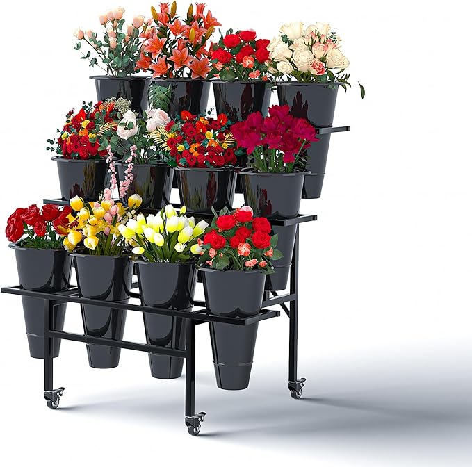 Zhongma 3 Tier Metal Flower Display Stand with 12pcs Plastic Buckets for Fresh Flowers Heavy Duty Garden Cart Moving Flower Bucket Stand with Wheels