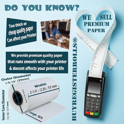 BuyRegisterRolls Thermal Paper Receipt Rolls - Premium 55 GSM | 2 1/4 x 50 | BPA Free, Fits All Terminals