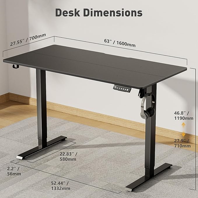 63 x 28 Inch Electric Standing Desk Adjustable Height, Sit Stand Desk, Stand up Desk for Home Office, Computer Workstation (Spliced Desktop,Black)