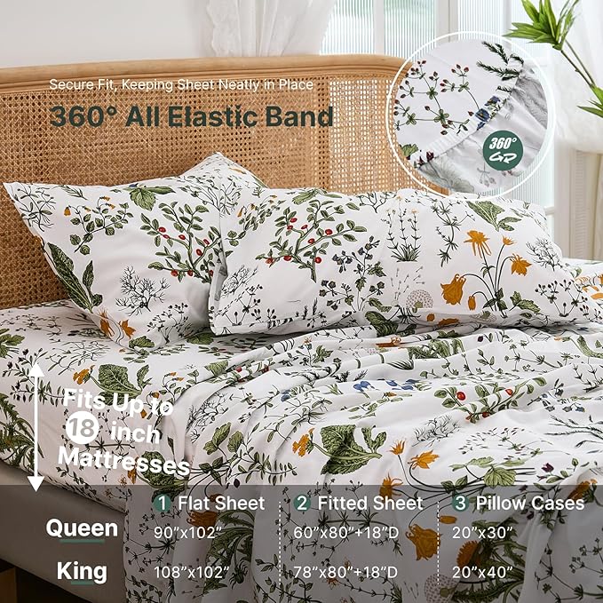 100% Cotton Sheet Set King Size – 4-Piece Vintage Green Floral Bedding Set, Soft Breathable Percale Weave, Deep Pocket Fitted Sheet 17.5", Crisp Cool Feel, Refined Botanical Elegance
