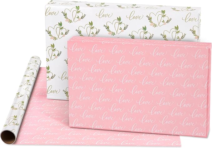 American Greetings 160 sq. ft. Reversible Wrapping Paper Bundle for Weddings, Bridal Showers and All Occasions, Greenery and Love Text (4 Rolls, 30 in. x 16 ft.)