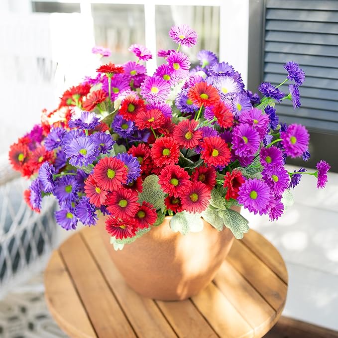 HyeFlora Dahlia Artificial Flowers for Outdoors Decoration, 6 Bundles Fake Daisy Faux Flowers Plants Realistic UV Resistant Silk Flowers for Outside Planter Front Door Yard Garden Indoor Home, Mix