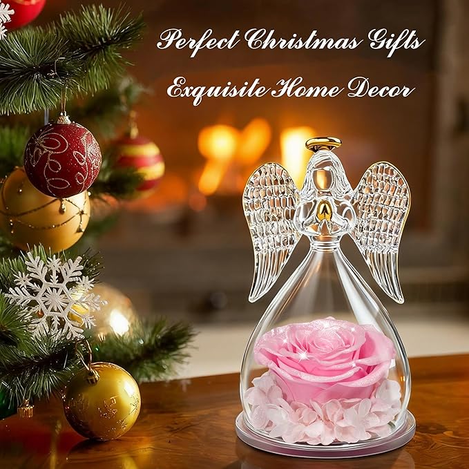 Sunia Preserved Flower Rose Gift for Women - Mother's Day Birthday Gifts for Mom Wife Grandma, Glass Angel Figurines Forever Real Roses Gifts for Her Valentine Day Thanksgiving﻿ (Sparkling Pink)