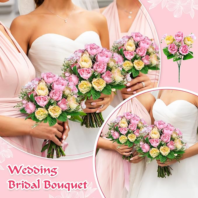 Olgaa 12 Bundles Peonies Artificial Flowers Fake Peony Bouquet Faux Peonies Flowers Bulk with Stems Flower Balls for Centerpiece Table Decorations Wedding Bridal Floral Arrangement (Pink)