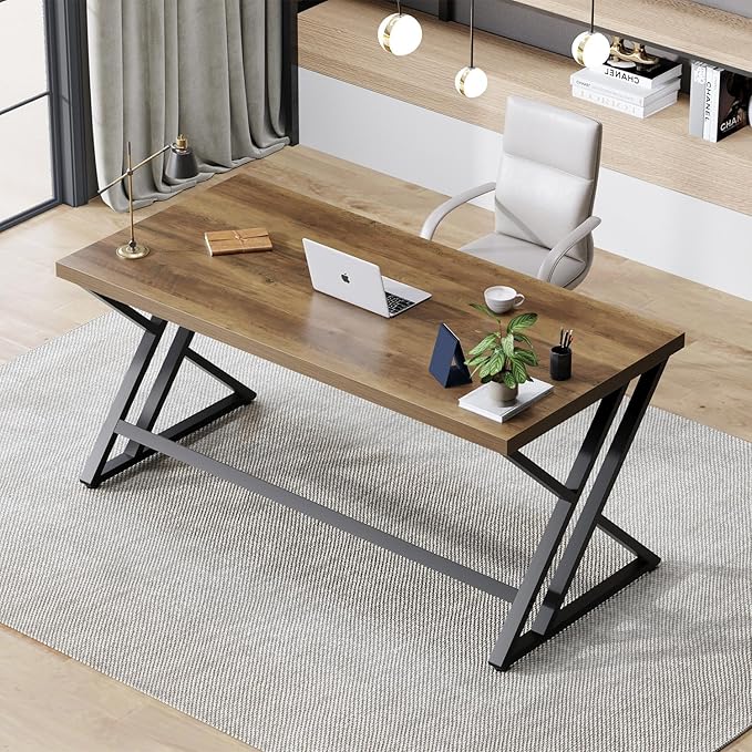 LVB Wood Computer Desk, Rustic Home Office Executive Desk for Bedroom, Industrial Wooden Computer Writing Study Work Gaming Table, Modern Metal PC Student Simple Desk with Storage, 55 Inch, Rustic Oak