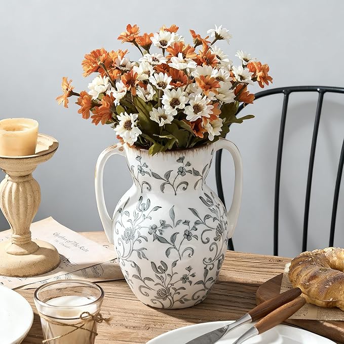 Gray and Beige Farmhouse Vintage Vase with 2 Handles, Chinoiserie Floral Vase, Rustic Ceramic Vases for Home Decor, Wedding, Living Room, Table, Shelf Decor - 8.3 Inch Tall