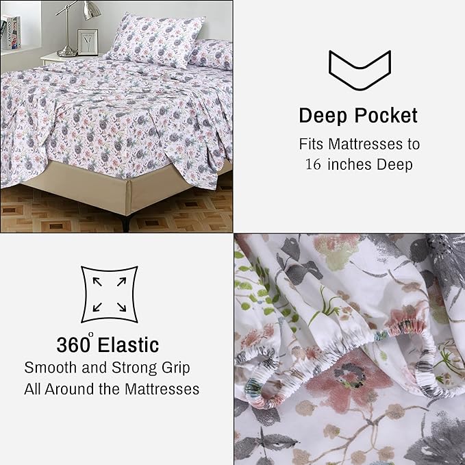 RUVANTI 100% Cotton Full Size Bed Sheets, 4 Pieces, Soft & Breathable Percale Weave Bedding, Deep Pocket 16", Hotel Standard, Crisp Cool Feel, Durable, Perfect Sheet Set Floral, Dandelion Field