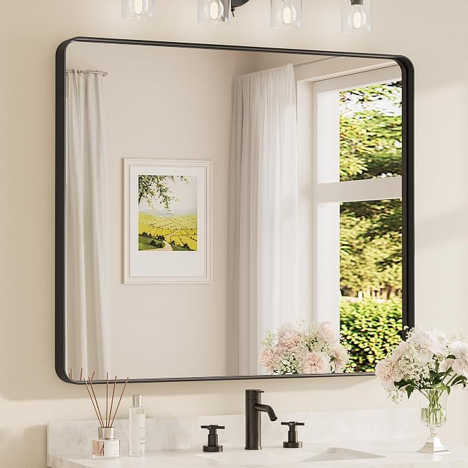 TETOTE Black Framed Mirrors for Bathroom, 42 x 36 Inch Modern Decorative Wall Mounted Rectangle Matte Framed Vanity Mirror (Horizontal/Vertical)