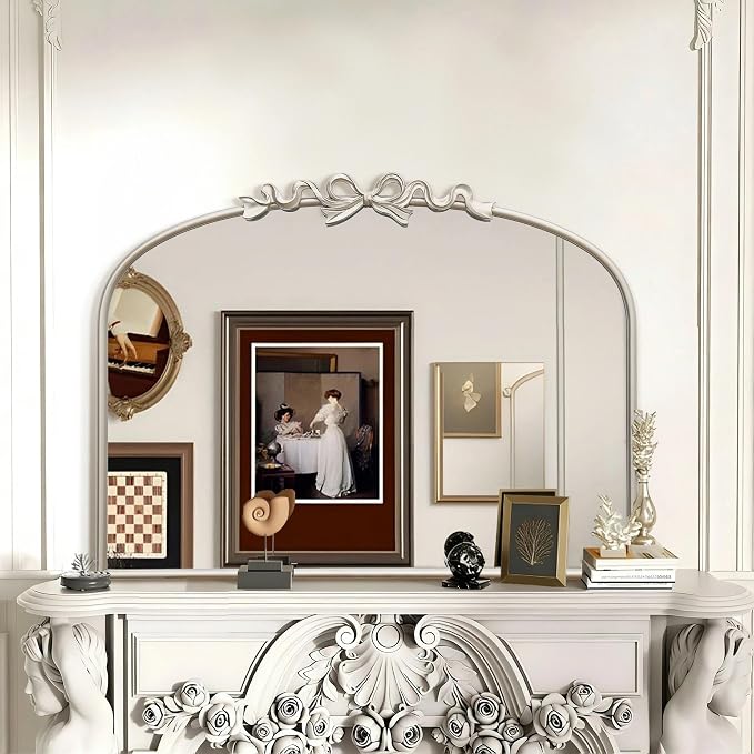 Besdomus Antique Arch Large Mirror: 32"x24" Champagne Silver Bow Antique Wall Mounted Mirror - Baroque Traditional Ornate for Living Room/Fireplace/Bathroom- Home Decor for Homeowners