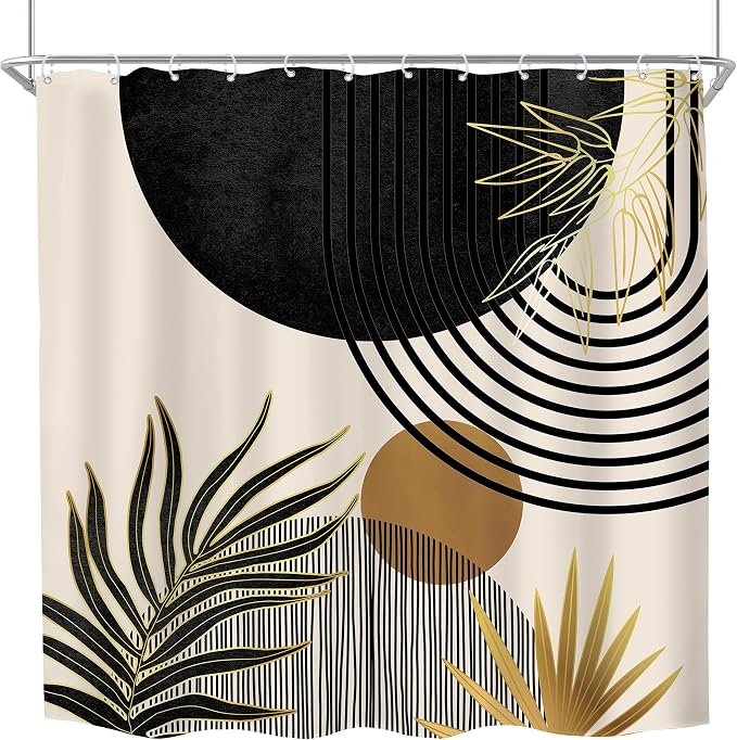 KOMLLEX Mid Century Black Gold Boho Shower Curtain 72Wx72L Inches Abstract Modern Green Shower Curtains for Bathroom Plant Botanical Minimalist Arch Sun Fabric Liner Waterproof Polyester 12 Pack Hooks