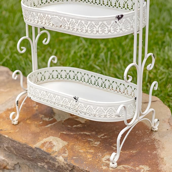 Zaer Ltd. 3 Tier Ornate Metal Plant Stand (Antique White)