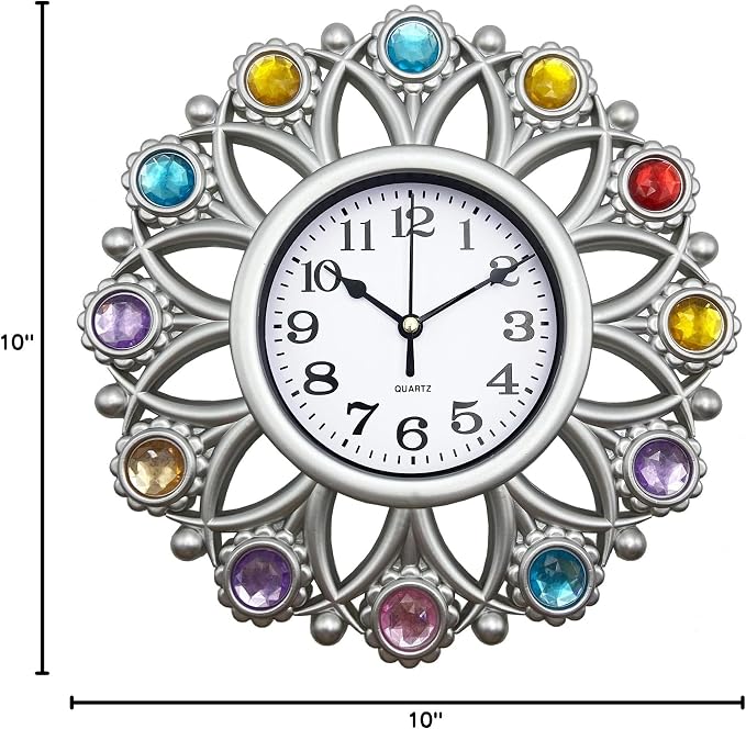 Silver Sunflower 10 Inch Small Analog Wall Clock Battery Operated, Boho Decorative Wall Clock for Kitchen, Home Kitchen, Living Room, Bathroom