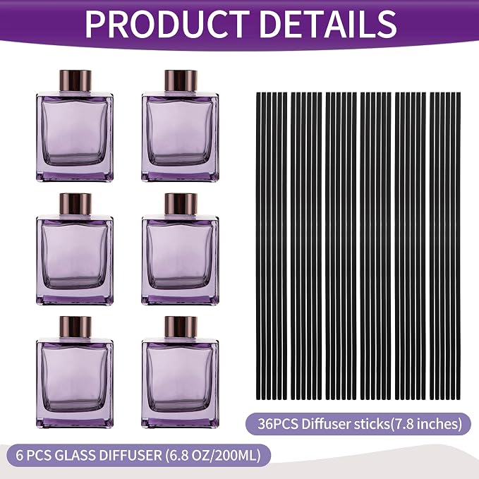 6 Pack Perfume Reed Diffuser Bottle,Empty Square Essential Oil Bottles Glass Jar with Black Sticks for DIY Fragrance Replacement Diffuser Sets (200ml/6.8 oz, Purple Color)