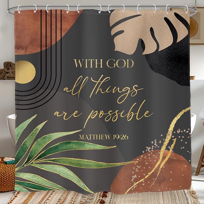 Glawry Dark Green Boho Bible Verse Shower Curtain Christian Inspirational Scriptures Quotes Abstract Tropical Palm Bathroom Mid Century 72Wx72L Inches Bath Accessories Home Decor Fabric 12 Pack Hooks