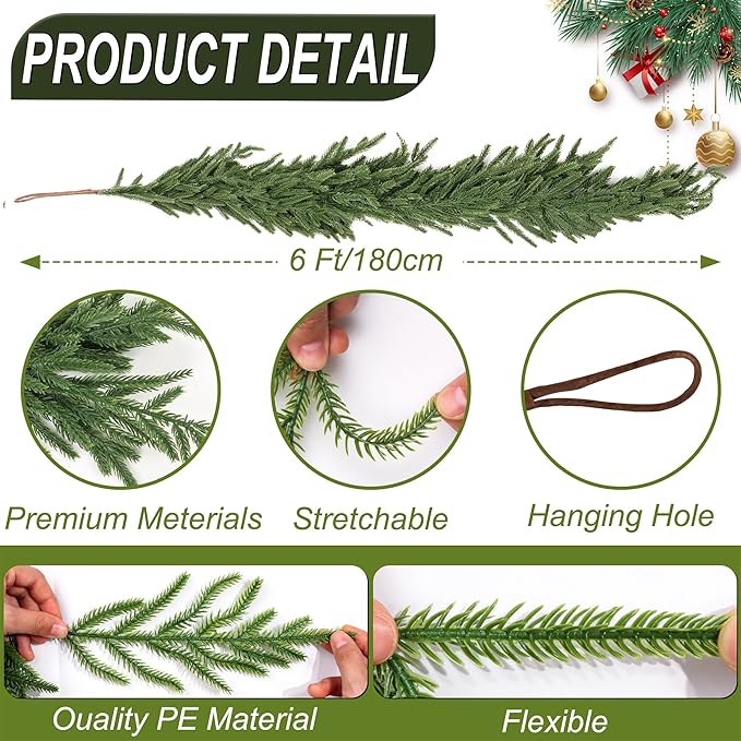 6 Ft Christmas Norfolk Pine Garland Real Touch Artificial Faux Greenery Christmas Garland Decorations for Home Mantle Table Stairs Fireplace Door Indoor Outdoor Holiday Decor