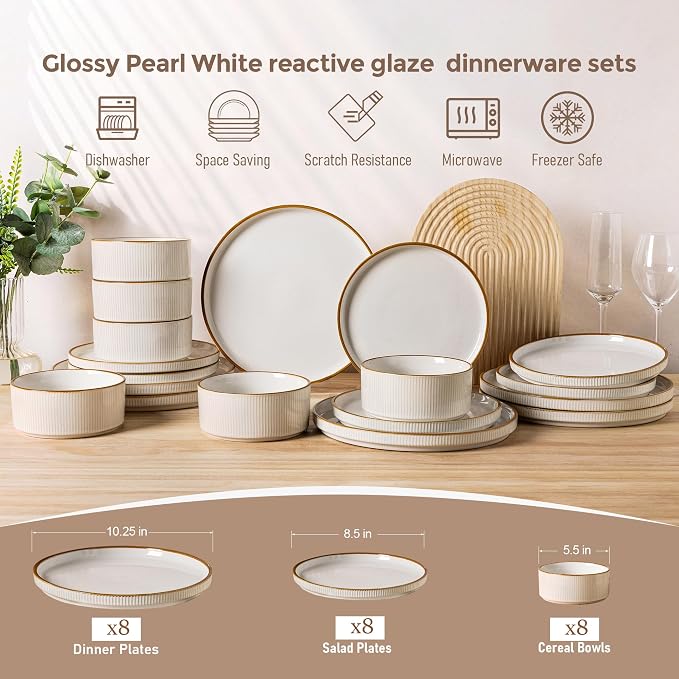 GBHOME 24-Piece Stoneware Dinnerware Set for 8 – Ribbed Ceramic Plates and Bowls, Scratch-Resistant, Microwave & Dishwasher Safe, Reactive Glaze, White with Honey-Brown Edge