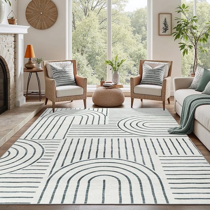 DCX Abstract Machine Washable 6x9 Rug, Gray Modern Accent Rug for Living Room, Soft Low Pile Non Slip Carpet, Kid & Pet Friendly Stain Resistant Rug for Bedroom Dining Room Office