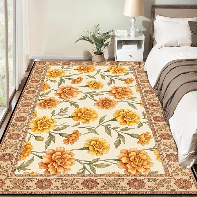 Marigold Floral Area Rug Vintage Boho Rug Bordered Non-Slip Washable Floor Mat for Bedroom Living Room Nursery Kitchen Playroom Home Decor,6'x9'