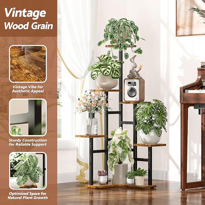 5 Tier Corner Plant Stand Indoor Wood, Metal Plant Shelf Outdoor, Tall Plant Stands Plant Tables Indoor Plant Rack Tiered Plant Stand Garden Accessories for Balcony Patio -BlackSquare